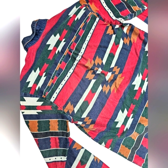 Vintage Men's New River J. Riggings Western Aztec Denim Longsleeve Button Up Top - Picture 8 of 13